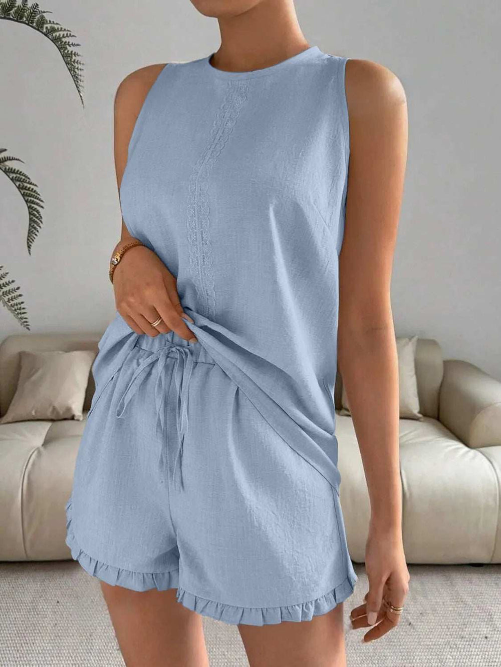 Lace Detail Round Neck Tank and Shorts Set - Trendsi - Flyclothing LLC