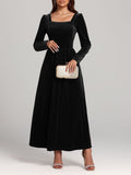 Velvet Square Neck Long Sleeve Dress - Trendsi