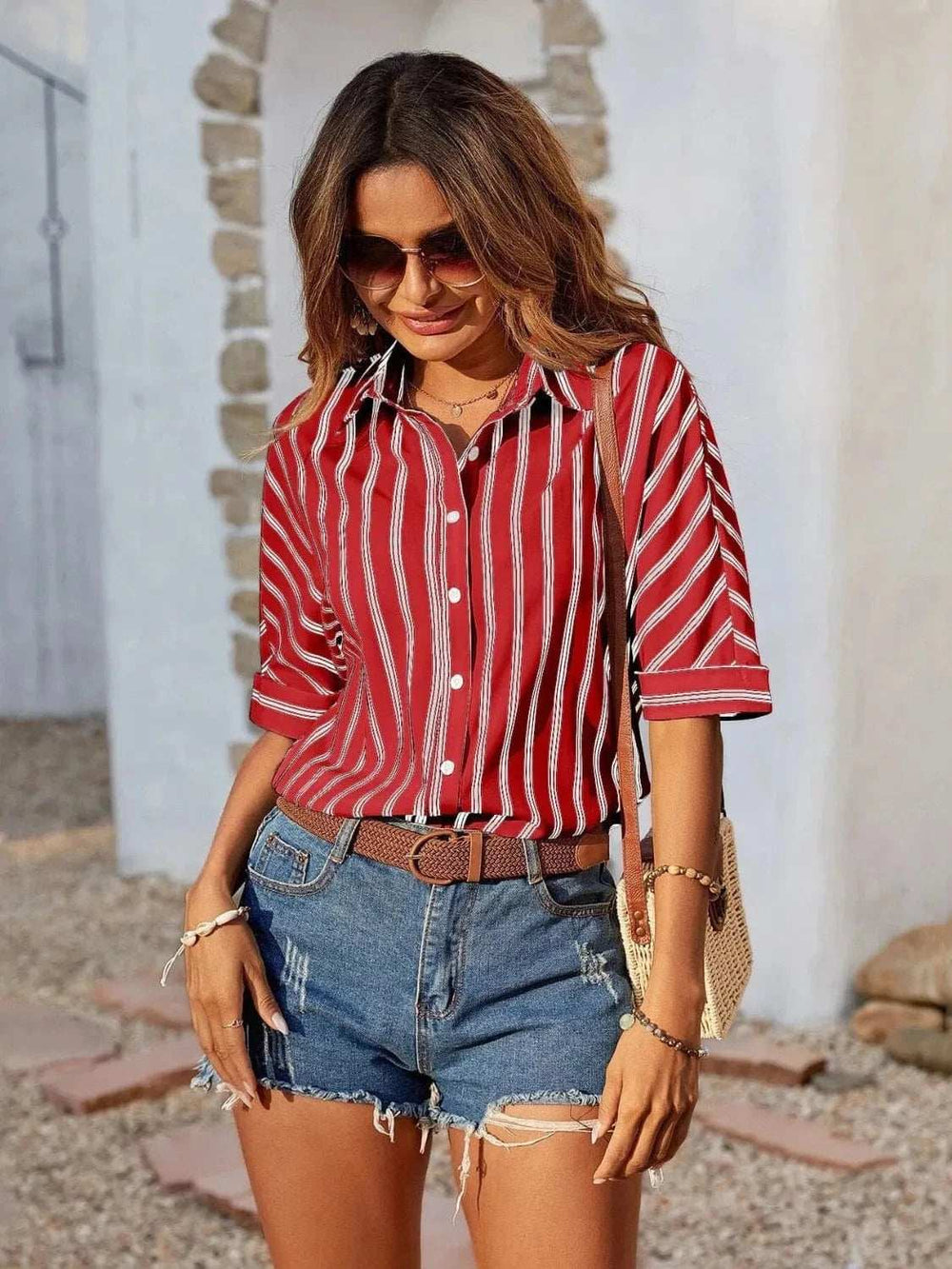 Striped Collared Neck Half Sleeve Shirt - Trendsi - Flyclothing LLC