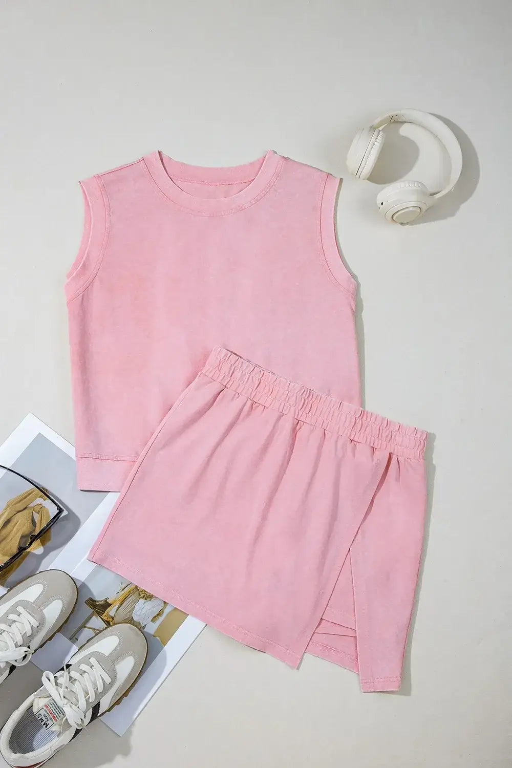 Mineral Wash Cotton Tank Top and Slit Skort Set - Trendsi - Flyclothing LLC