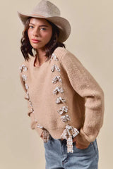 SO ME Checkered Plaid Tape Lace Up Ribbed Sweater - Trendsi - Flyclothing LLC