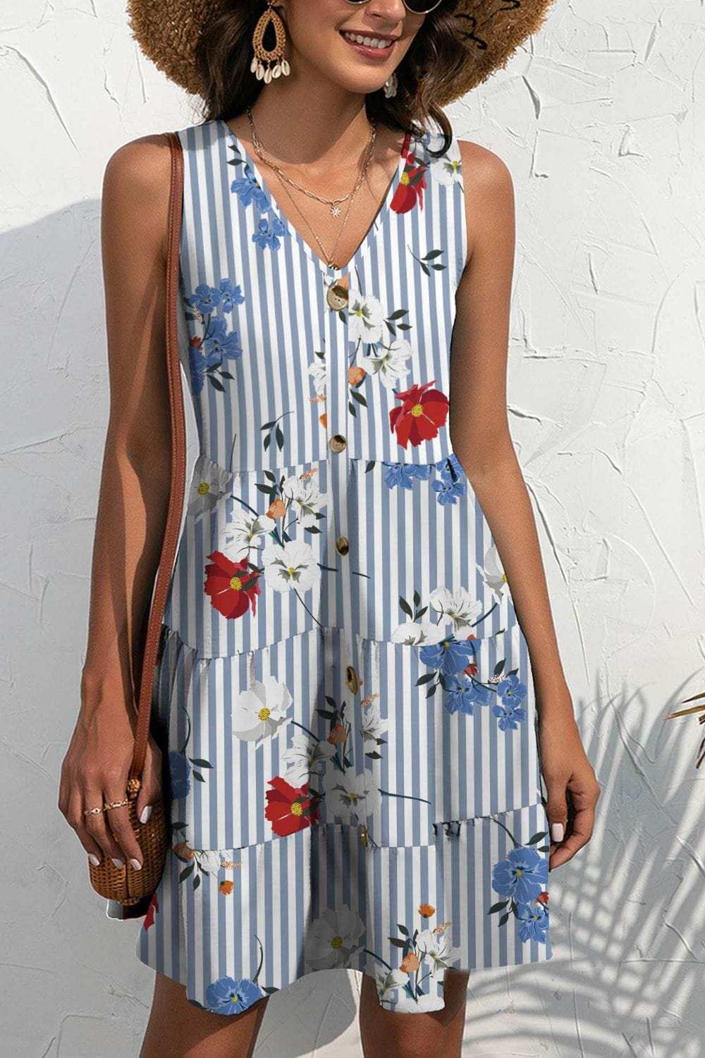 Printed V-Neck Sleeveless Mini Dress - Trendsi - Flyclothing LLC