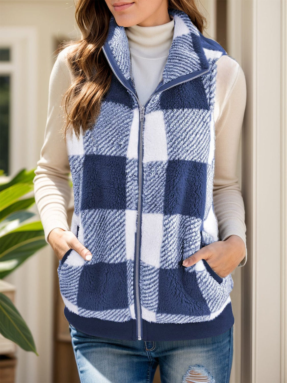 Full Size Pocketed Plaid Vest Coat - Trendsi
