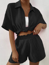 Button Up Half Sleeve Top and Shorts Set - Trendsi - Flyclothing LLC