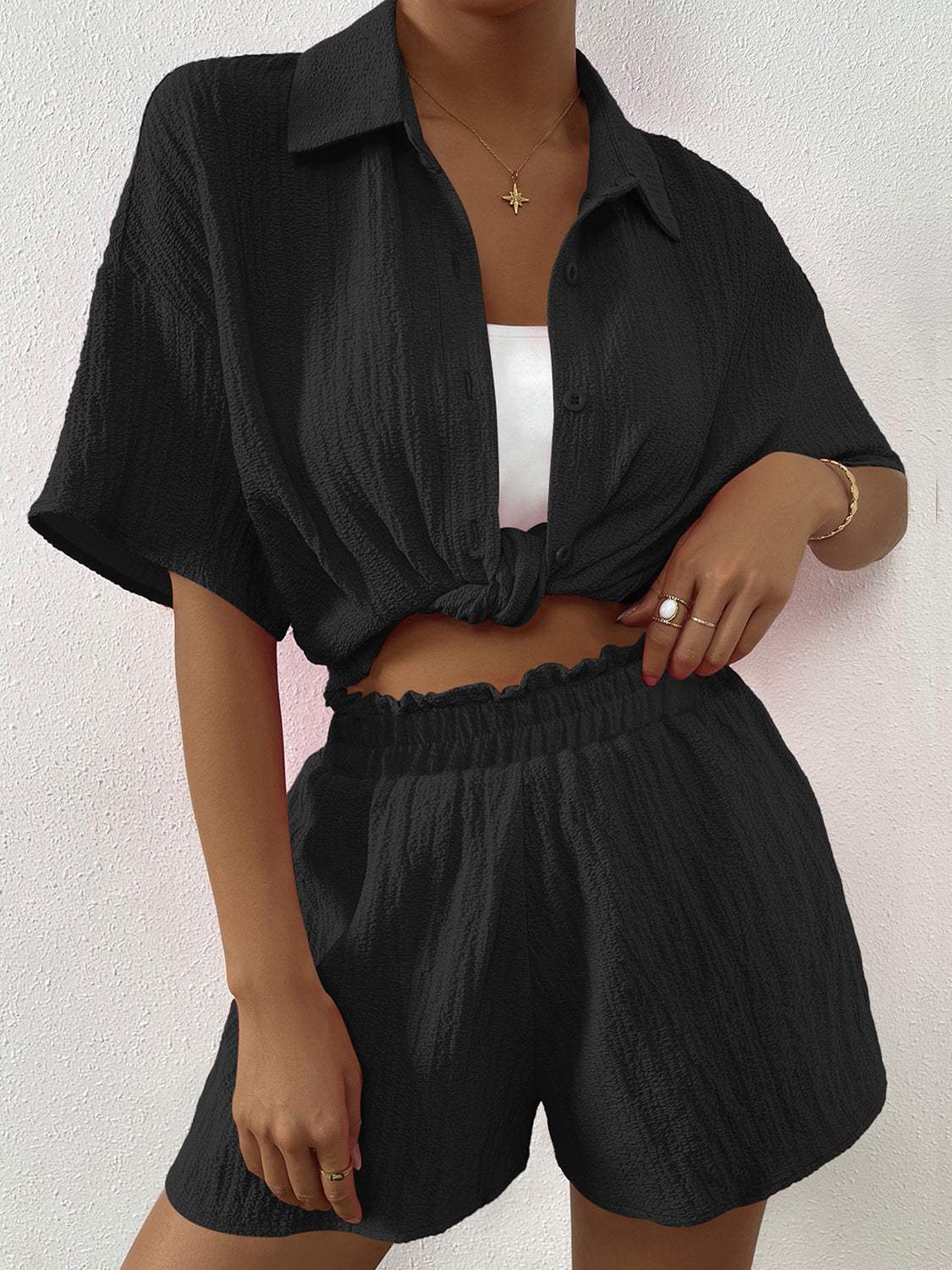 Button Up Half Sleeve Top and Shorts Set - Trendsi - Flyclothing LLC