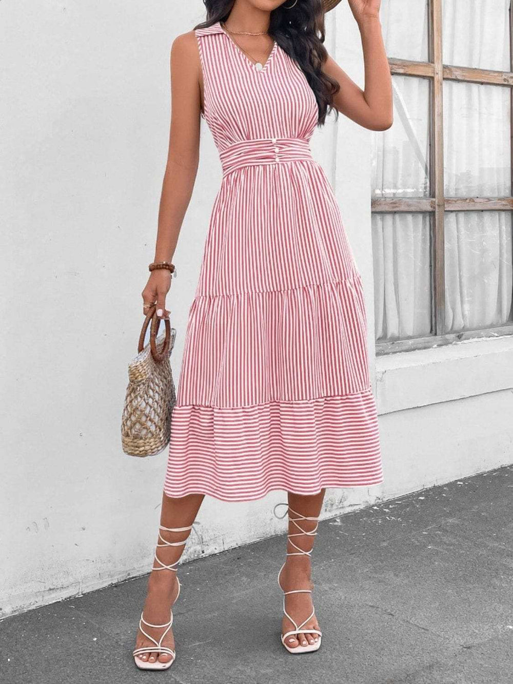 Striped Johnny Collar Sleeveless Midi Dress - Trendsi - Flyclothing LLC