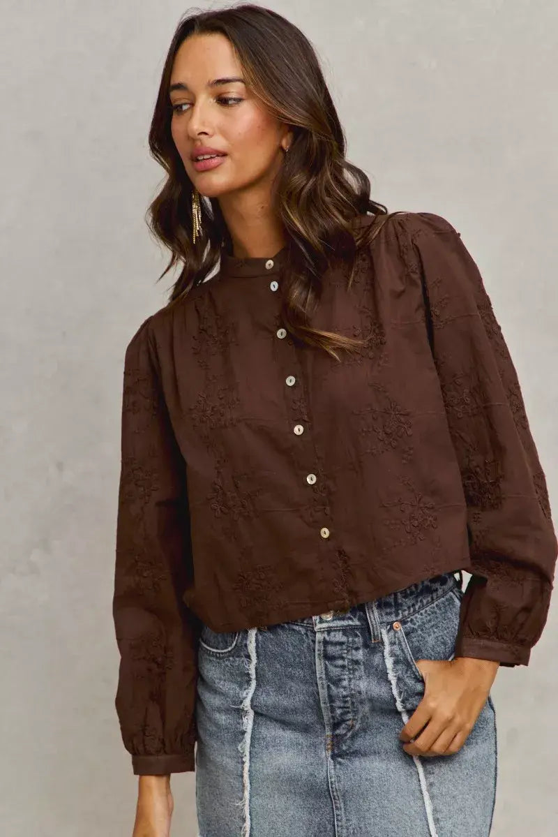 SO ME 3d Floral Woven Long Sleeve Front Button Shirt - Trendsi - Flyclothing LLC