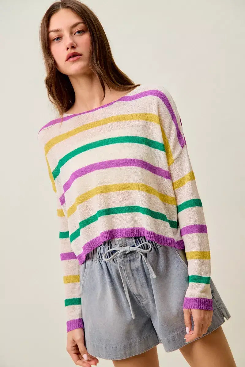 SO ME Mardi Gras Color Stripe Lightweight Sweater Top - Trendsi - Flyclothing LLC
