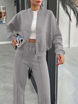 Baseball Collar Zip Up Outerwear and Drawstring Pants Set - Trendsi - Flyclothing LLC