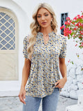 Ruched Printed Notched Short Sleeve Blouse - Trendsi - Flyclothing LLC