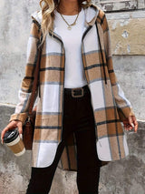 Drawstring Plaid Zip Up Hooded Outerwear - Trendsi - Flyclothing LLC