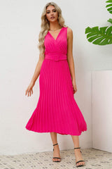 Surplice Sleeveless Midi Pleated Dress - Trendsi - Flyclothing LLC