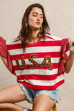 BiBi Stripe Mixed Ruffle Sleeve Top With Leopard Letter - Trendsi
