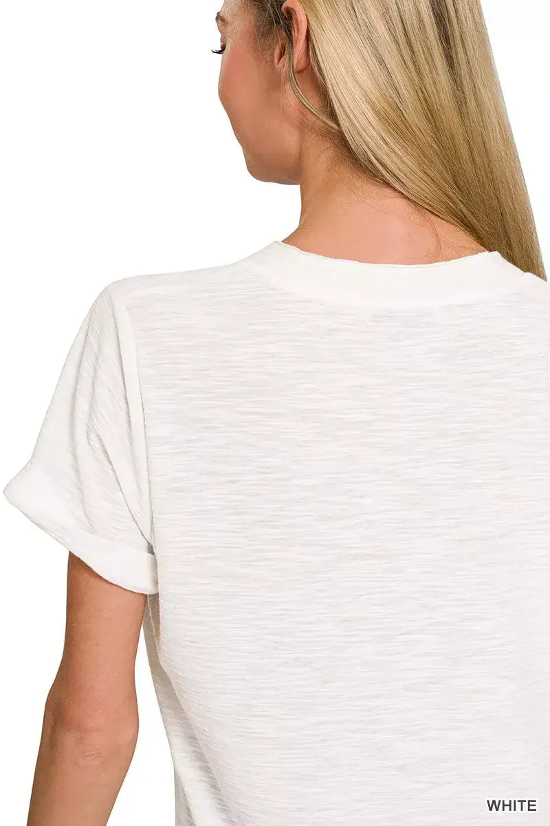 Zenana Slub Rolled Short Sleeve V-Neck Tee - Trendsi - Flyclothing LLC