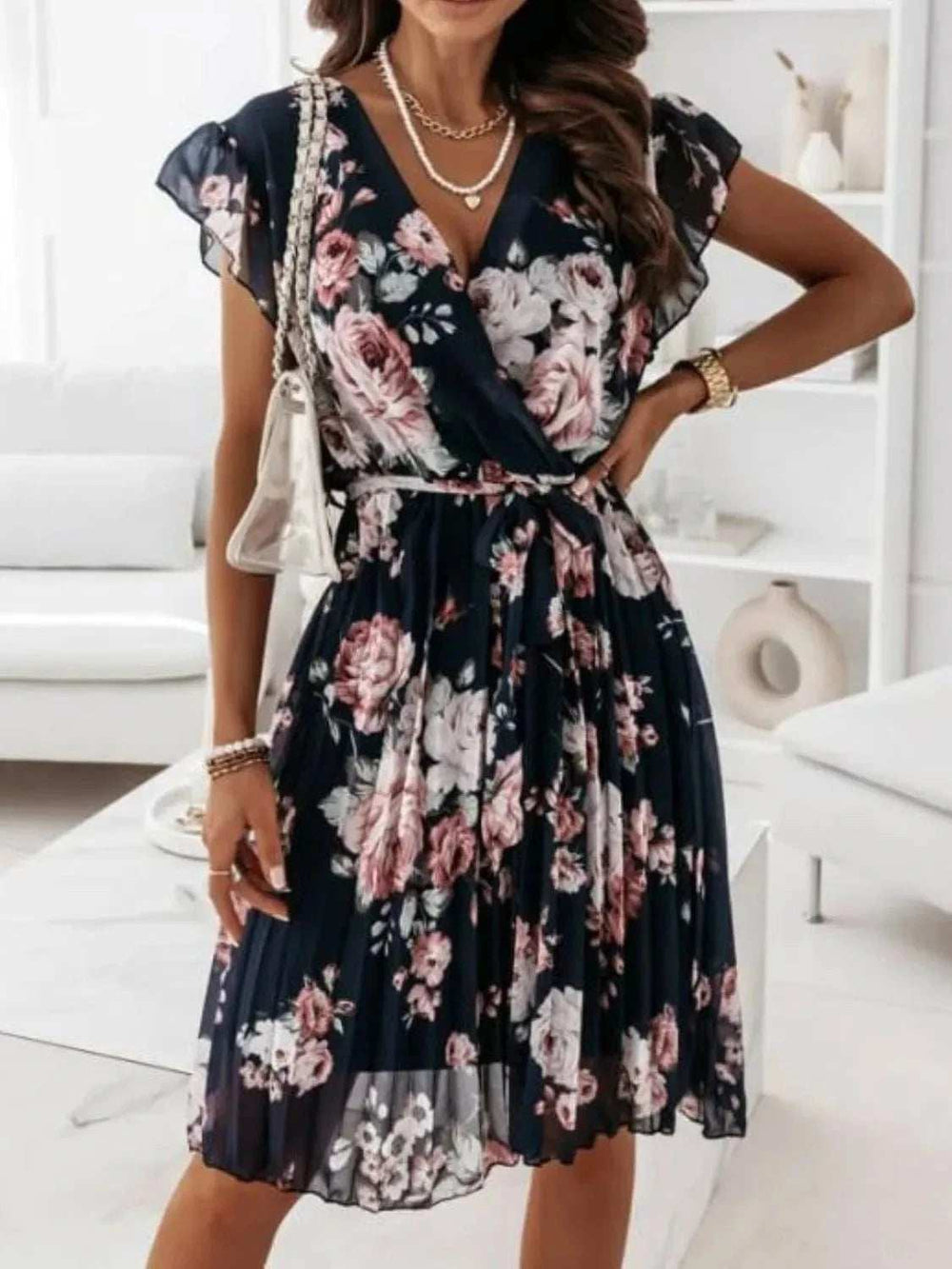 Floral Surplice Ruffled Cap Sleeve Dress - Trendsi - Flyclothing LLC