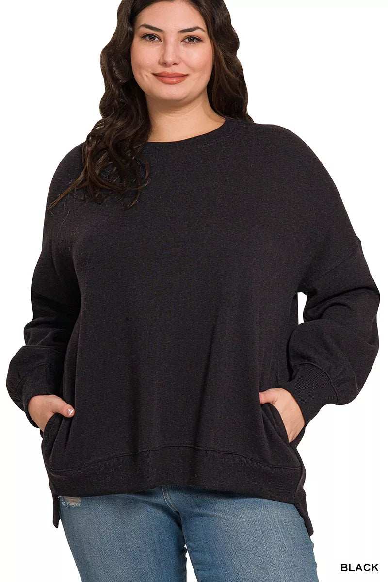Zenana Full Size Fleece Hi-low Boyfriend Sweatshirts with Pockets Plus Size - Trendsi - Flyclothing LLC