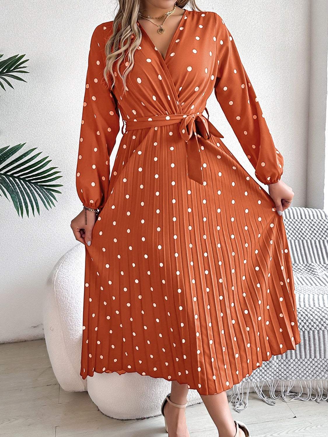 Tied Polka Dot Long Sleeve Midi Dress - Trendsi - Flyclothing LLC