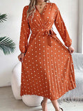 Tied Polka Dot Long Sleeve Midi Dress - Trendsi - Flyclothing LLC