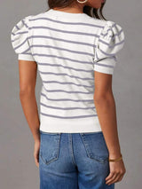Striped Round Neck Puff Sleeve Knit Top - Trendsi - Flyclothing LLC