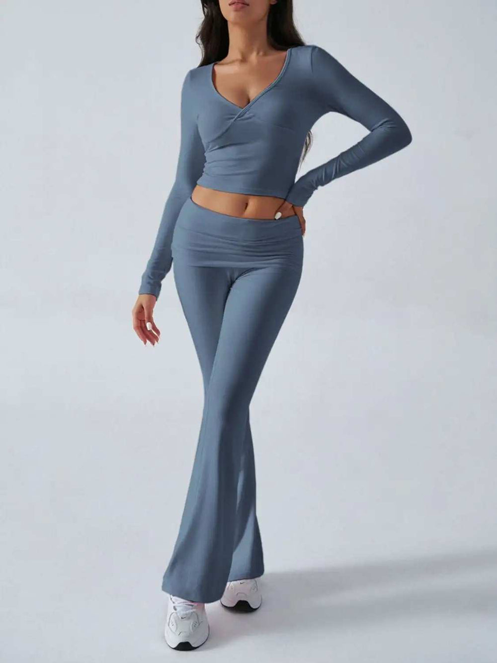 Devine Ruched Long Sleeve Top and Pants Set - Trendsi - Flyclothing LLC