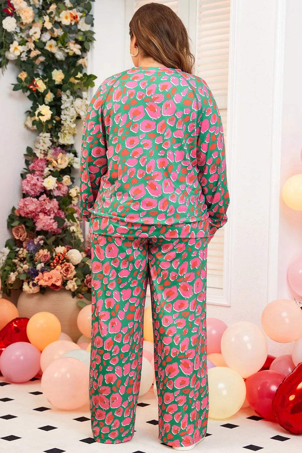 Plus Size Printed Round Neck Long Sleeve Top and Pants Set - Trendsi - Flyclothing LLC