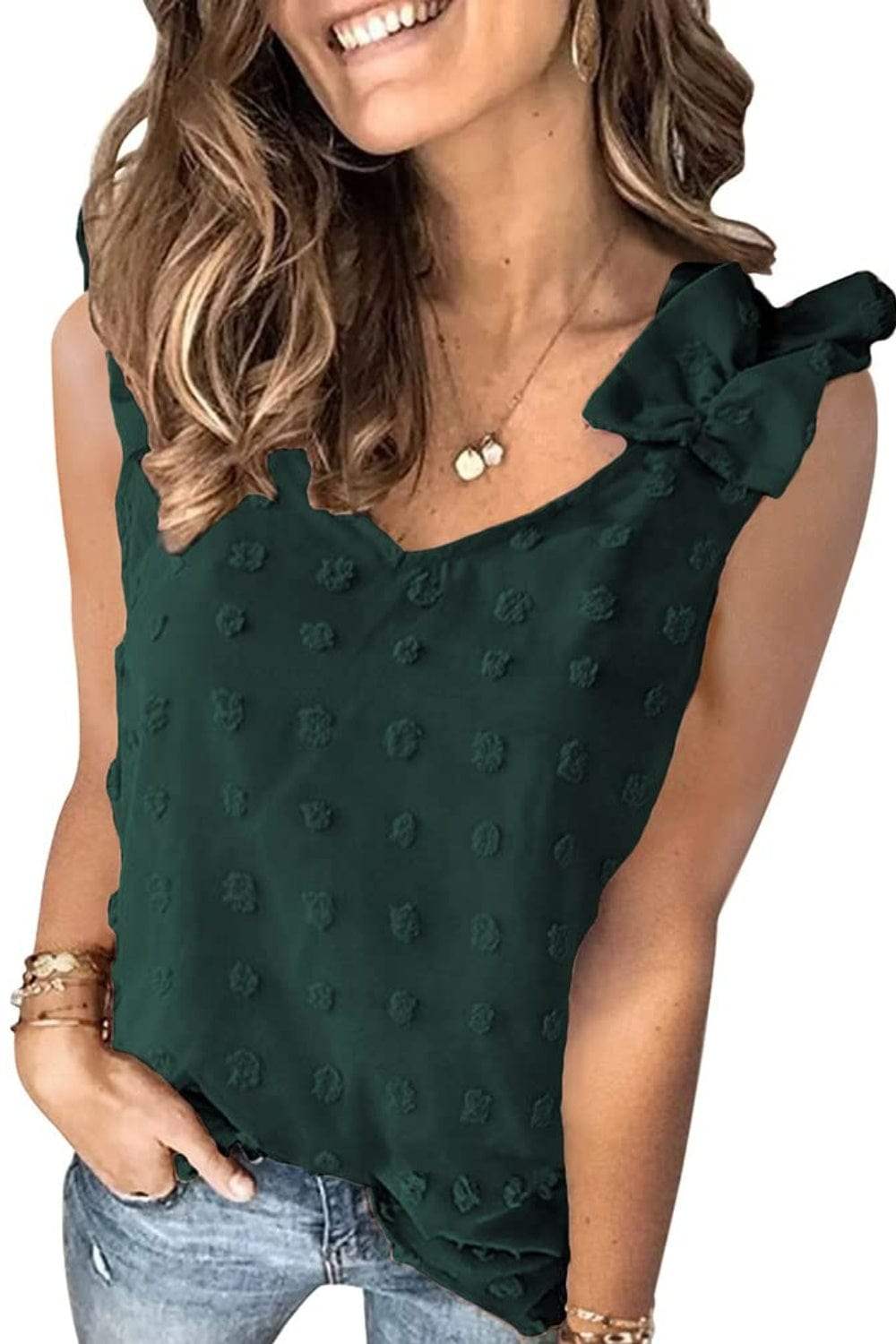 Full Size Swiss Dot V-Neck Tank - Trendsi - Flyclothing LLC