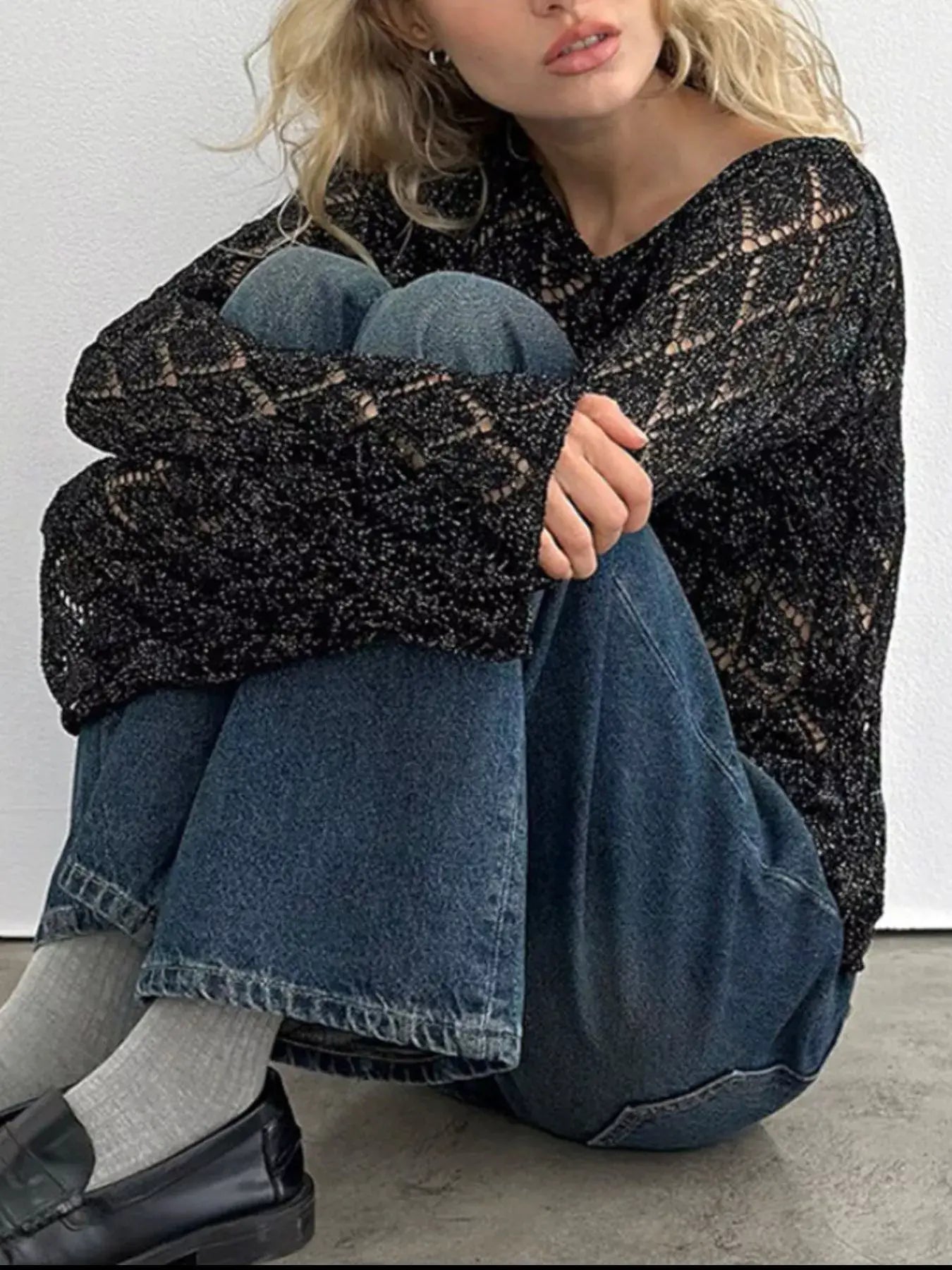 Openwork Long Sleeve Sweater - Trendsi - Flyclothing LLC