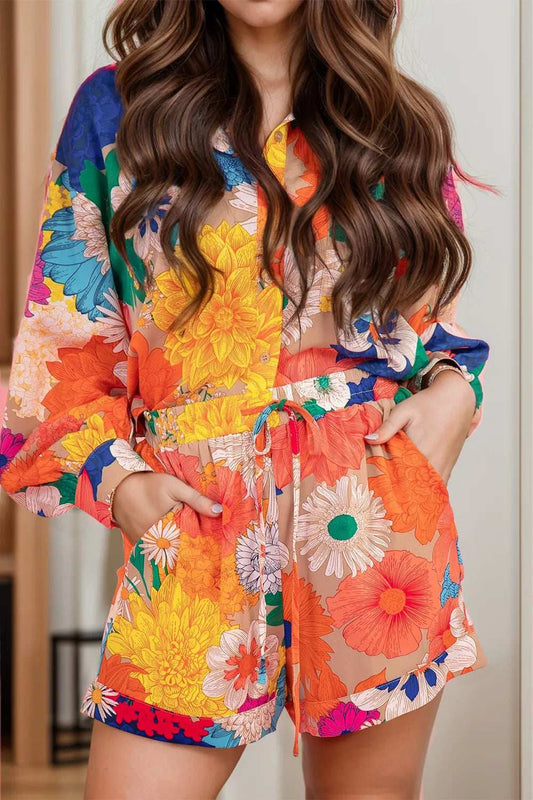 Printed Button Up Long Sleeve Top and Shorts Set - Trendsi - Flyclothing LLC