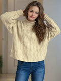 Cable-Knit Turtleneck Long Sleeve Sweater - Trendsi - Flyclothing LLC