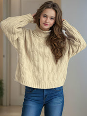 Cable-Knit Turtleneck Long Sleeve Sweater - Trendsi