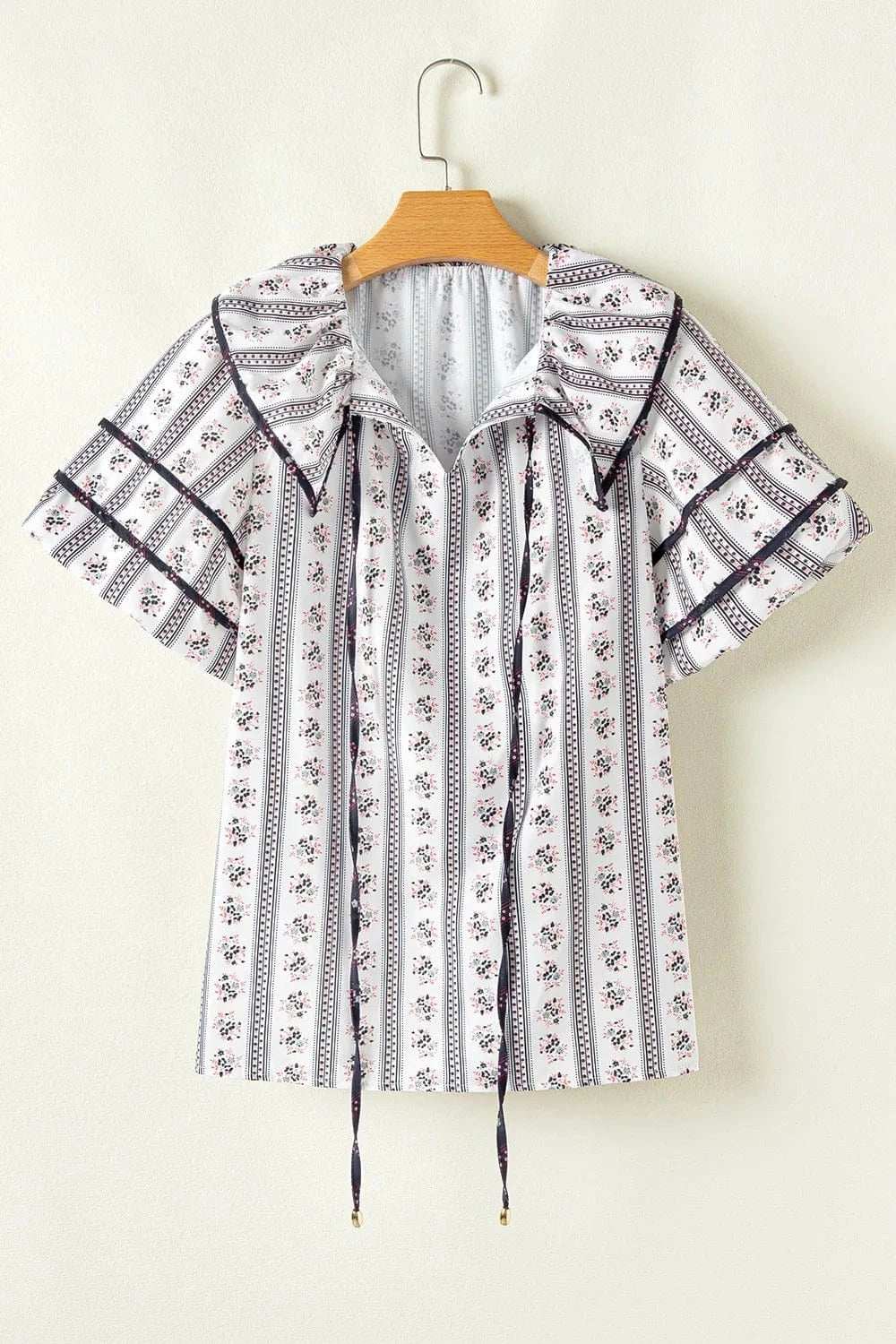 Floral Ruffled Collar Short Puff Sleeve Printed Blouse - Trendsi - Flyclothing LLC