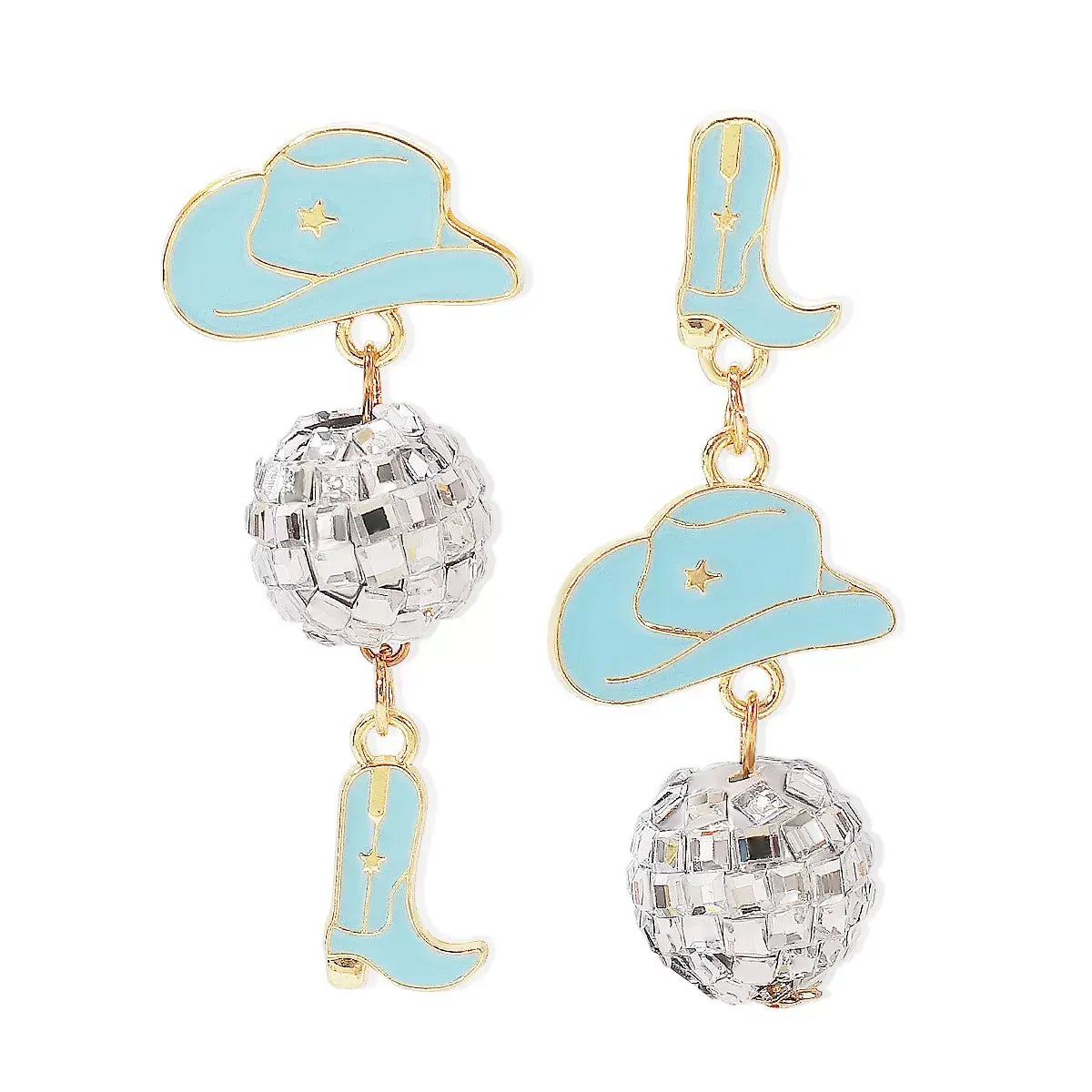 Asymmetrical Cowgirl Boot Hat Ball Dangle Earrings - Trendsi - Flyclothing LLC