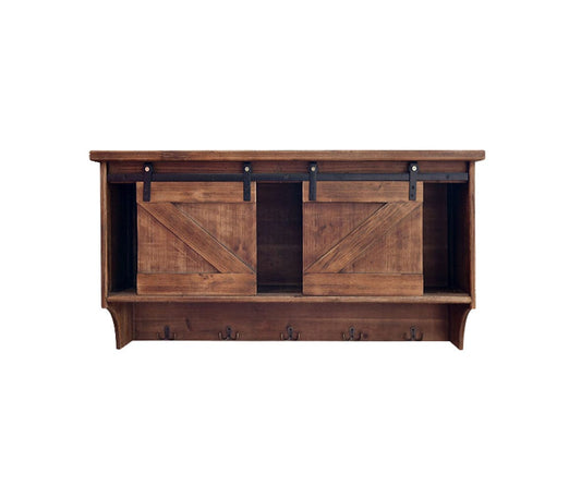 Rustic Wooden Shelf With Barn Door Storage And Hooks - Homeroots