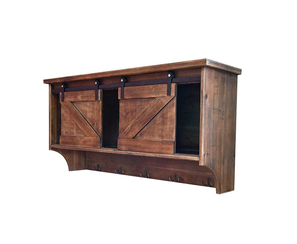 Rustic Wooden Shelf With Barn Door Storage And Hooks - Homeroots - Flyclothing LLC