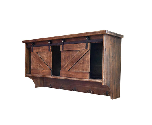 Rustic Wooden Shelf With Barn Door Storage And Hooks - Homeroots
