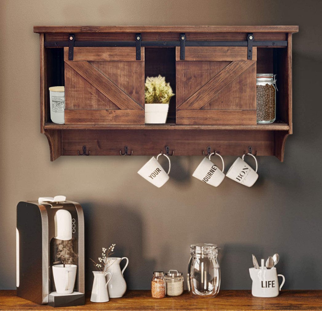 Rustic Wooden Shelf With Barn Door Storage And Hooks - Homeroots