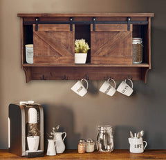 Rustic Wooden Shelf With Barn Door Storage And Hooks - Homeroots