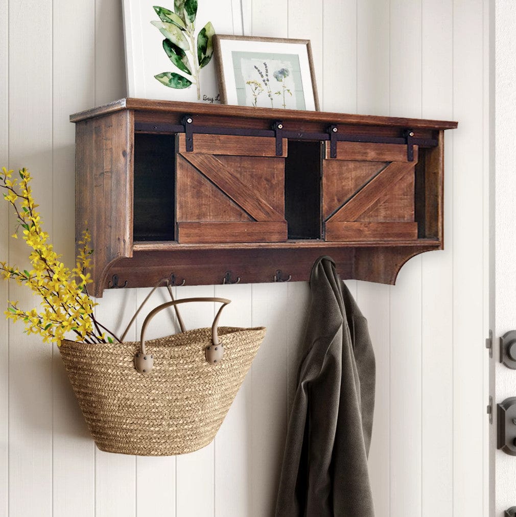 Rustic Wooden Shelf With Barn Door Storage And Hooks - Homeroots