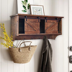 Rustic Wooden Shelf With Barn Door Storage And Hooks - Homeroots