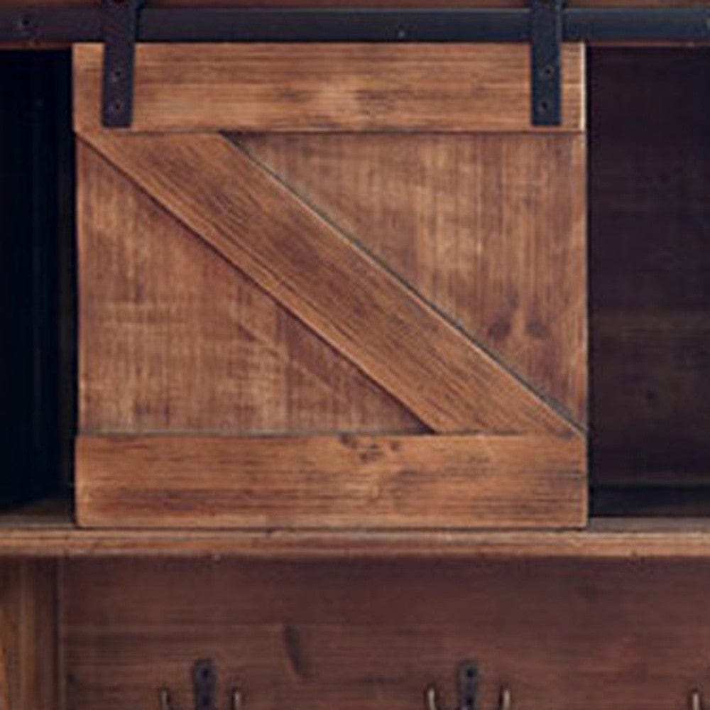 Rustic Wooden Shelf With Barn Door Storage And Hooks - Homeroots - Flyclothing LLC