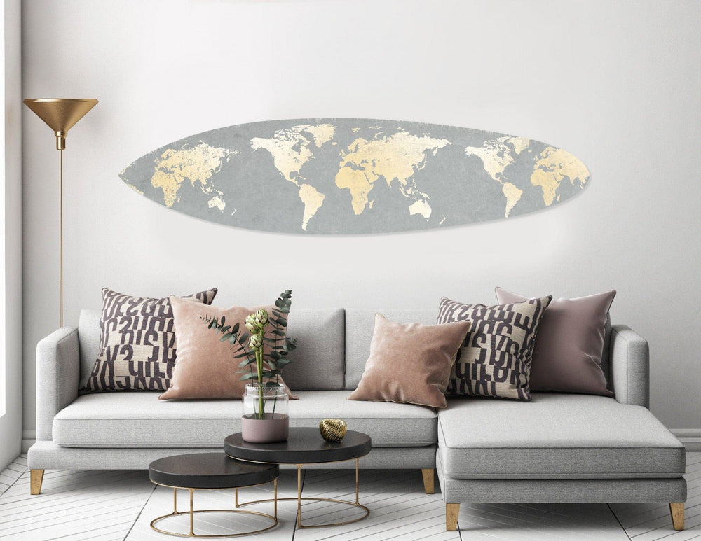 76" X 18" X 1" Grey And Gold World Map Surfboard Wall Art - Homeroots