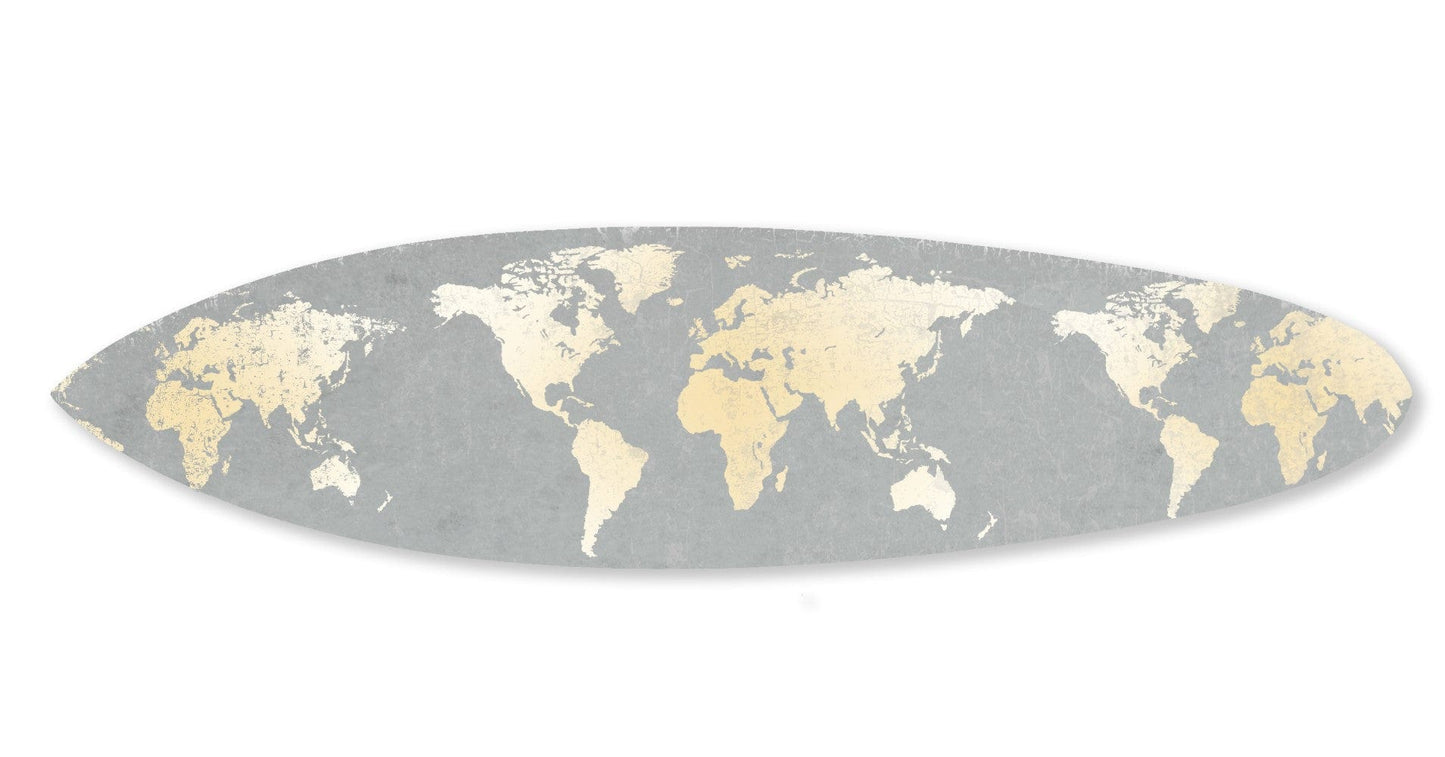 76" X 18" X 1" Grey And Gold World Map Surfboard Wall Art - Homeroots - Flyclothing LLC