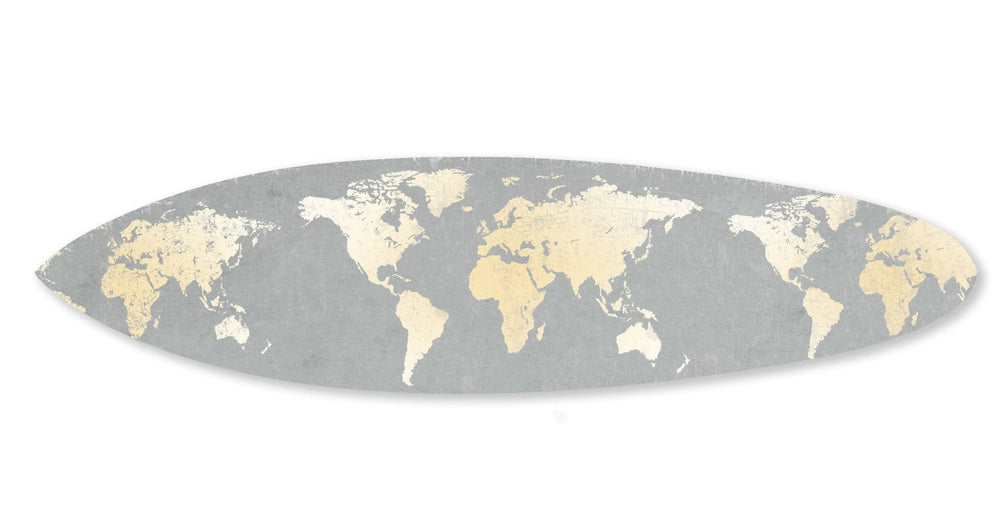 76" X 18" X 1" Grey And Gold World Map Surfboard Wall Art - Homeroots