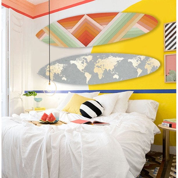 76" X 18" X 1" Grey And Gold World Map Surfboard Wall Art - Homeroots