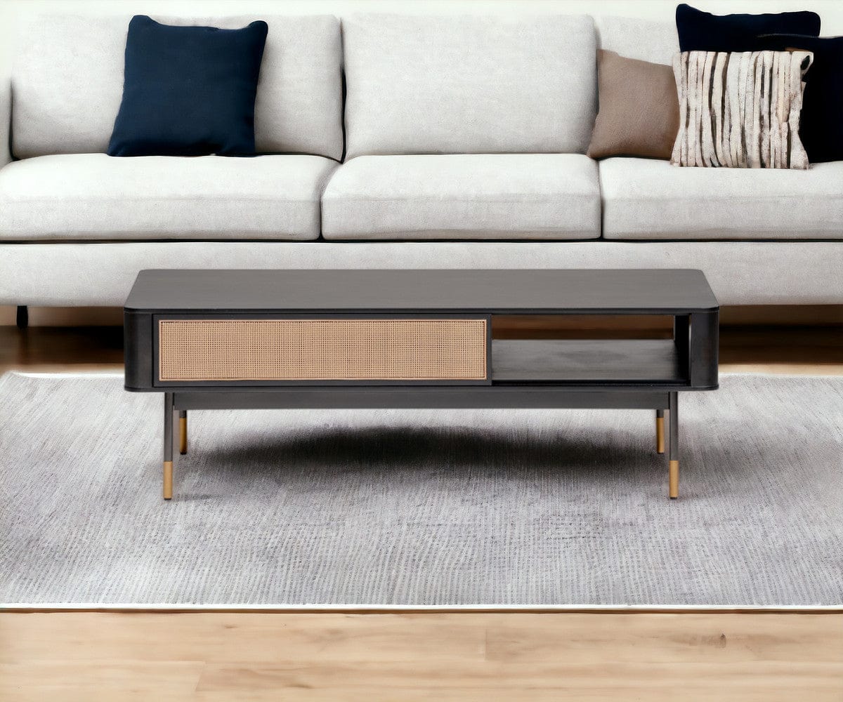 47" Black And Brown Solid Wood And Steel Coffee Table With Drawer And Shelf - Homeroots