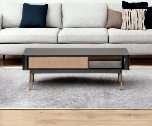 47" Black And Brown Solid Wood And Steel Coffee Table With Drawer And Shelf - Homeroots