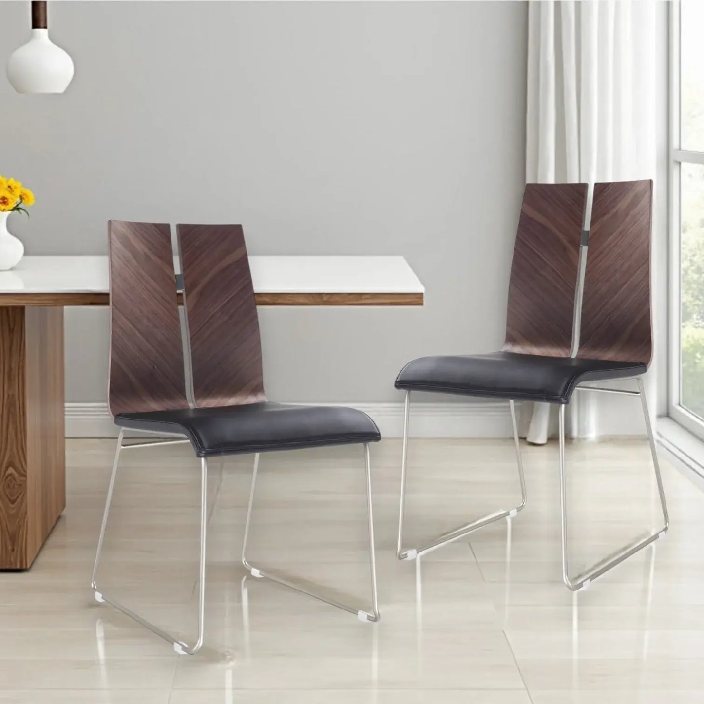 Set of Two Black And Silver Upholstered Faux Leather Dining Side Chairs - Homeroots - Flyclothing LLC