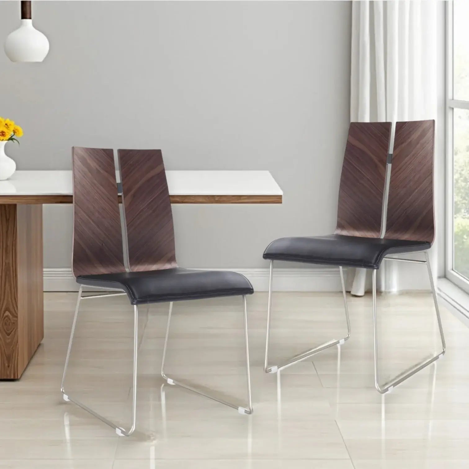 Set of Two Black And Silver Upholstered Faux Leather Dining Side Chairs - Homeroots - Flyclothing LLC