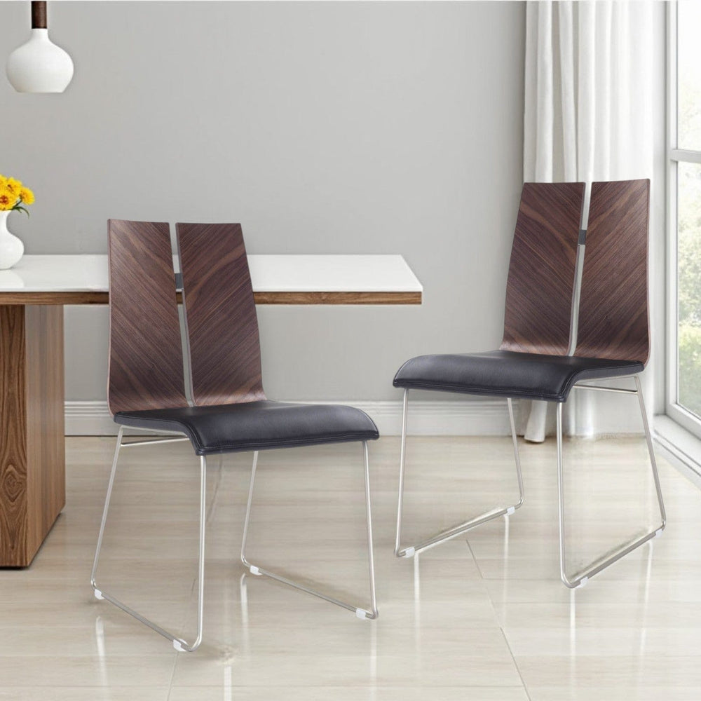 Set of Two Black And Silver Upholstered Faux Leather Dining Side Chairs - Homeroots