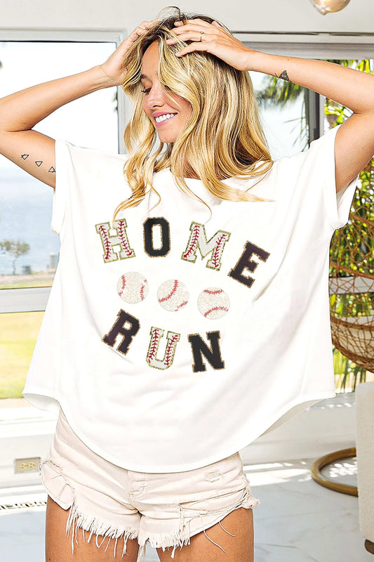 BiBi Baseballs Homerun Letter Washed Short Sleeve Top - Trendsi - Flyclothing LLC